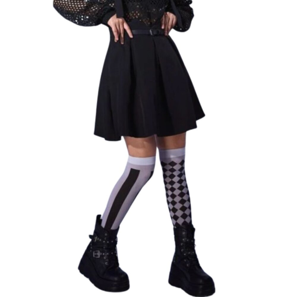 Chic Contrast Checkered & Striped Thigh-High Stockings